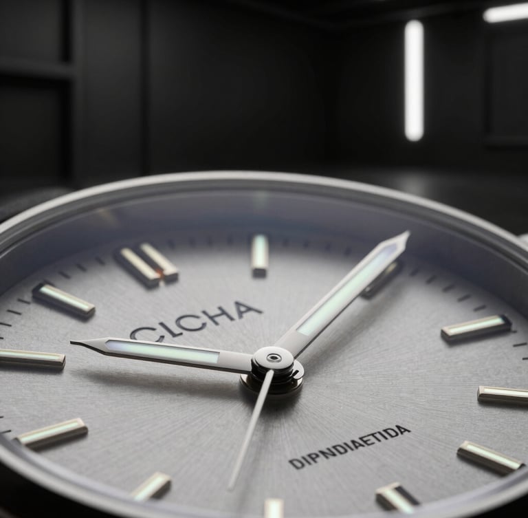 Tight macro shot of a luxury watch dial, glowing hands, dramatic high-contrast studio lighting, dark minimalist industrial background.