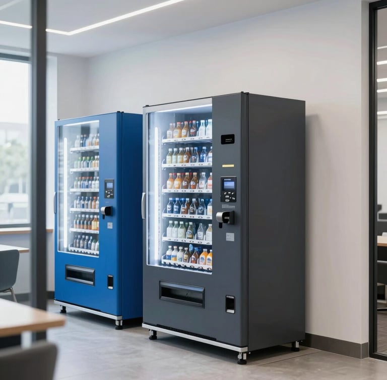 Sleek modern vending machines integrated into a clean, well-lit corporate breakroom, bright natural interior light, cool blue and charcoal tones, sharp focus, architectural framing.
