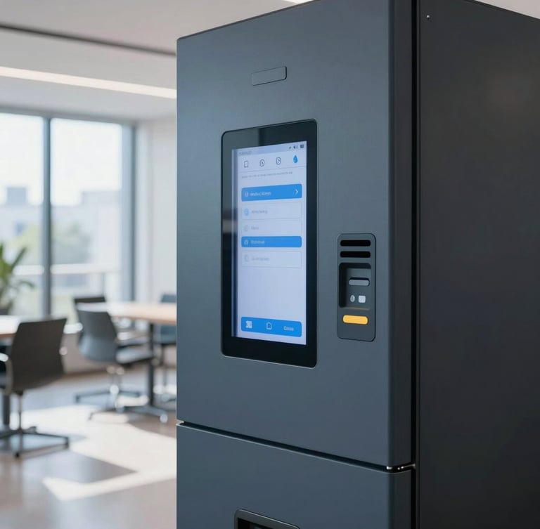 Crisp architectural close-up of a digital payment interface on a minimalist vending machine in a modern office breakroom, natural morning light, sharp focus.