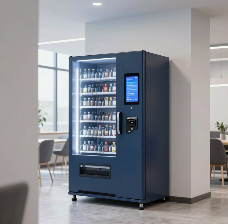Sleek modern vending machine integrated into a bright corporate breakroom, digital payment screen glowing, natural interior lighting, clean architectural framing.