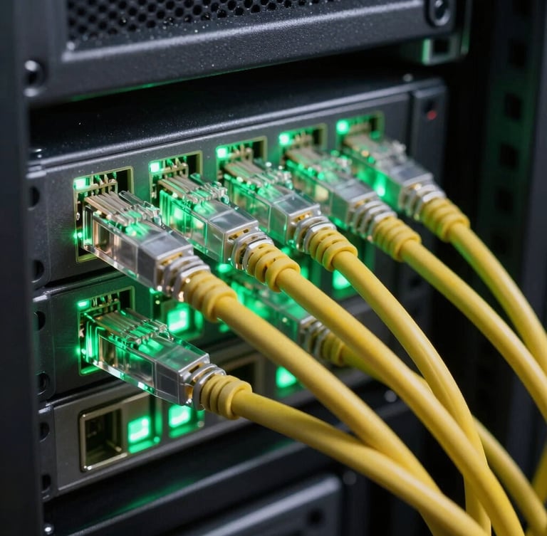Macro close-up of meticulously organized ethernet cables glowing under cold green LED terminal lights in a dark server rack