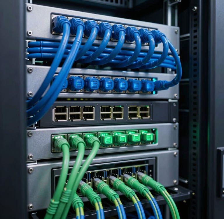 Macro shot of a clean, cool-toned server rack with meticulous blue and green cable management, glowing terminal interface in a highly secure regional data center