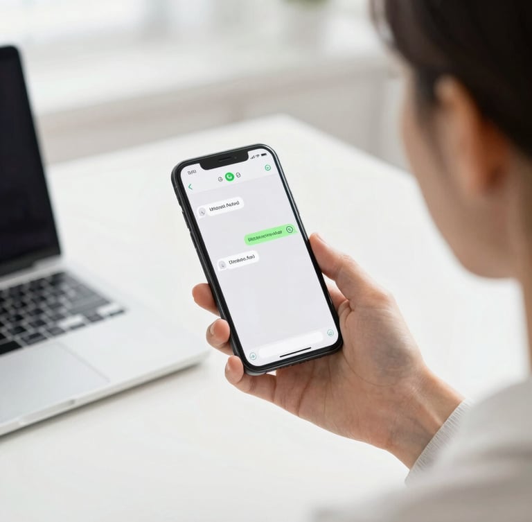 Over-the-shoulder shot of a business owner holding a smartphone showing a clean WhatsApp chat template with a verified green tick