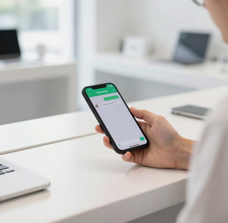 Bright high-key commercial photography of a modern retail counter, soft natural daylight, a customer holding a phone showing a WhatsApp notification, shallow depth of field, 35mm