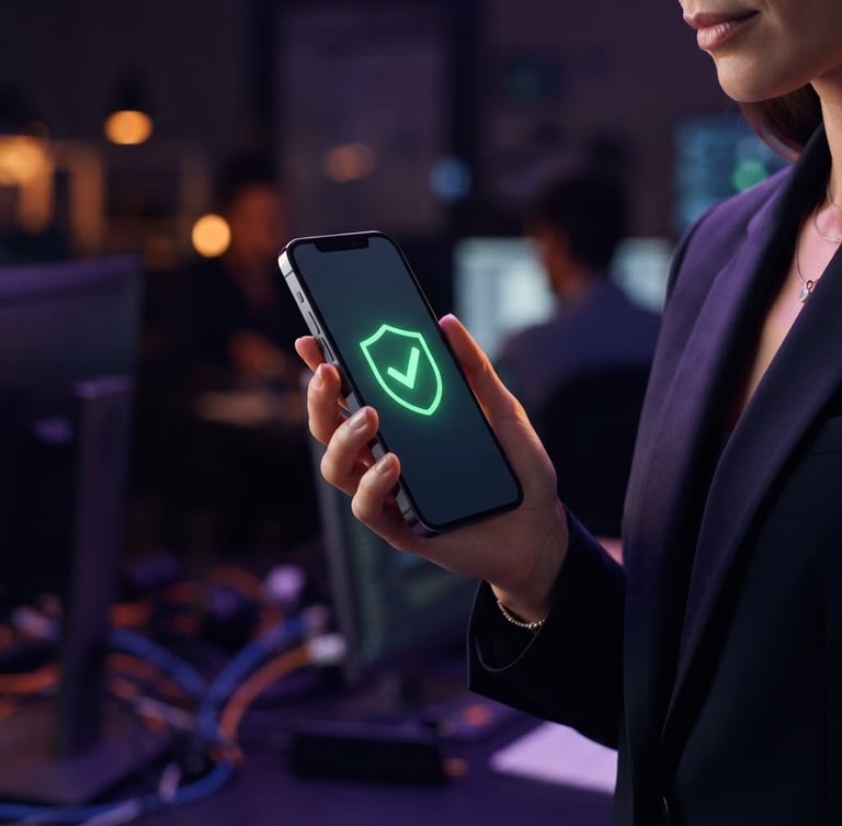 Sleek corporate technology photography, a person holding a mobile device displaying a secure encrypted green checkmark, dark purple and lilac ambient rim-lighting, sharp focus, 35mm