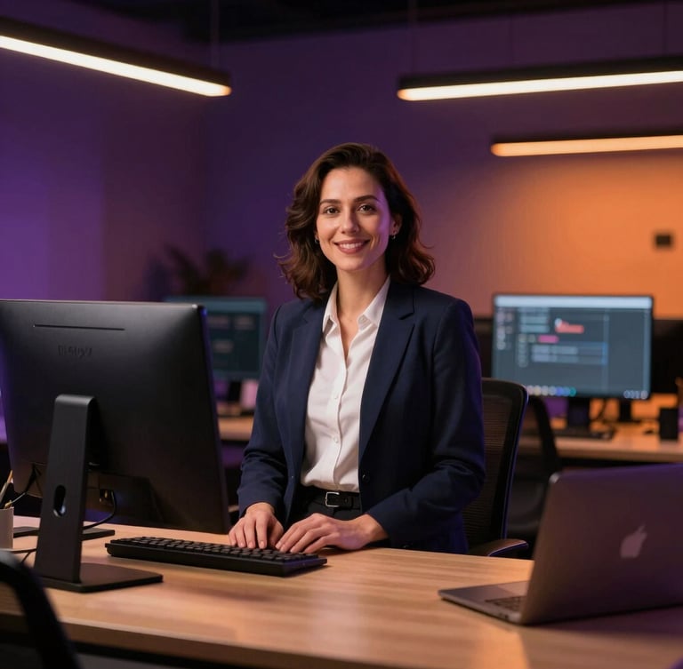 Environmental portrait of a community organizer in a modern workspace, warm ambient lighting, professional tech aesthetic, 35mm