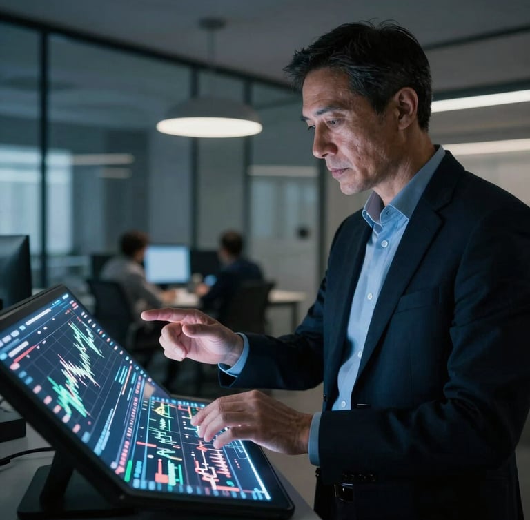 Portrait of a professional mentor in a modern, architectural trading office, hands gesturing towards a complex financial chart on a large tablet, low-light environment with soft screen glow, cool tones, focused, 35mm