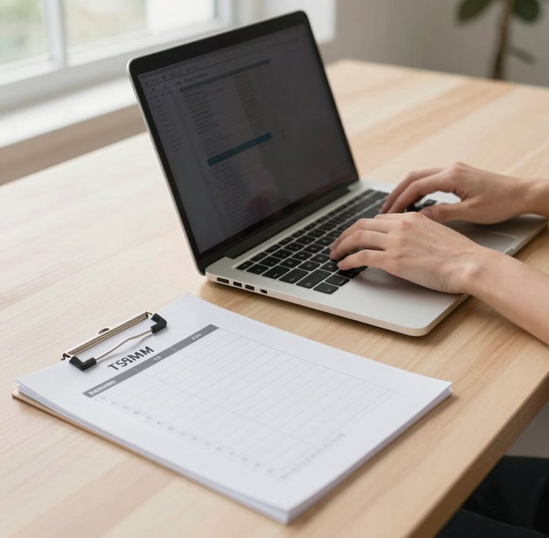 A close-up of hands typing on a sleek laptop next to a neatly printed checklist on a minimalist wooden desk, bright daylight, 35mm