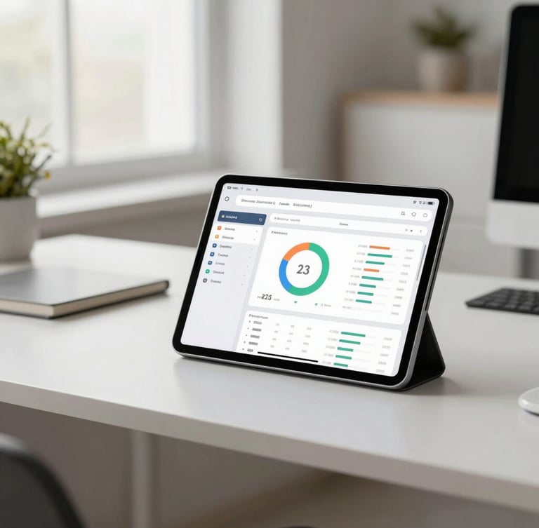 A modern office desk with a tablet displaying a clean dashboard and tracking metrics, soft window light, professional workspace, 35mm