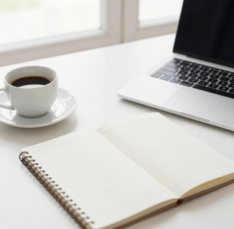 A clean modern workspace flat-lay with a laptop, a notebook, and a cup of coffee, bright natural daylight, soft neutral tones, shallow depth of field