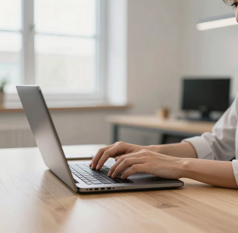 A bright modern office space with a clean wooden desk, hands typing on a laptop, soft natural window light, shallow depth of field, 35mm