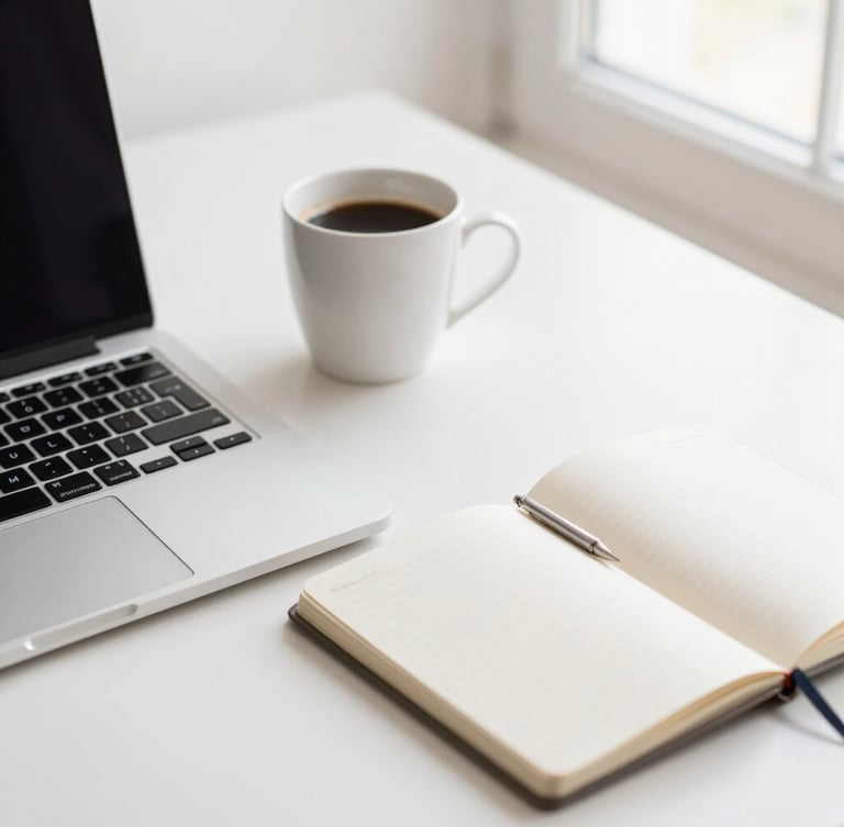 A clean modern workspace flat-lay with a laptop, notebook, and coffee cup, bright natural daylight, soft neutral tones, shallow depth of field, 35mm