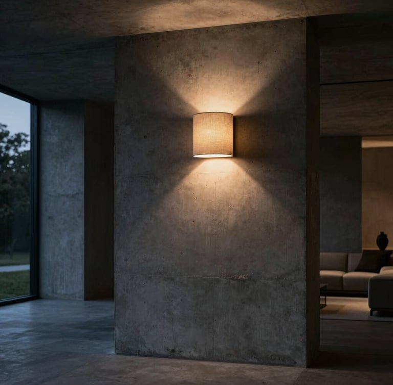 Dramatic architectural interior photography, a modern concrete living room at twilight, a single fabric wall sconce casting a warm localized pool of light on textured plaster, 50mm