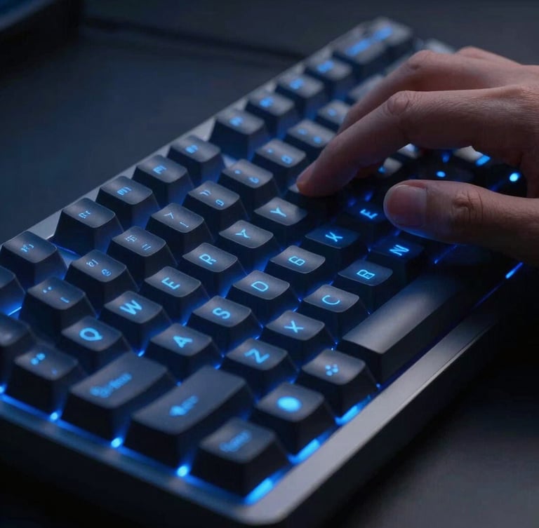Macro close-up of hands typing on a modern mechanical keyboard, glowing blue indicators, dark high-tech studio environment, sleek tech photography, sharp focus