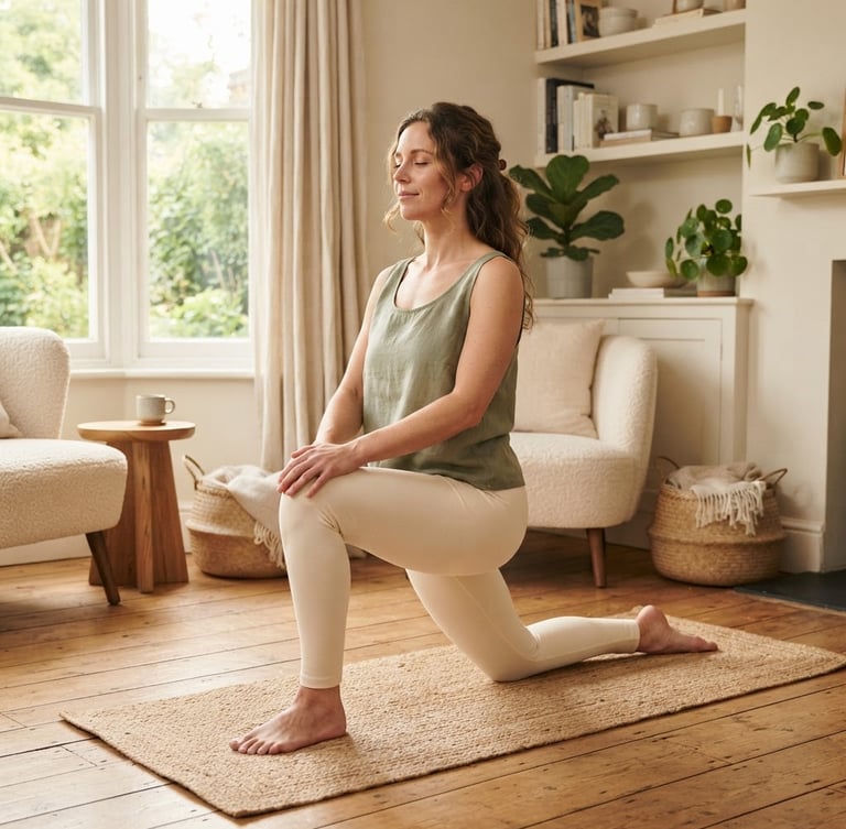 A warm editorial photograph of a woman practicing a gentle yoga pose in a sunlit living room, soft natural window light, sage and cream tones, shallow depth of field.