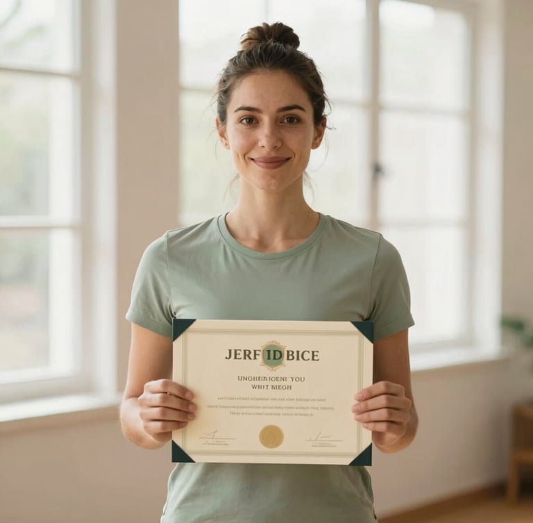 A professional portrait of a verified yoga tutor holding a certificate, warm natural window light, calming sage and cream tones, shallow depth of field.
