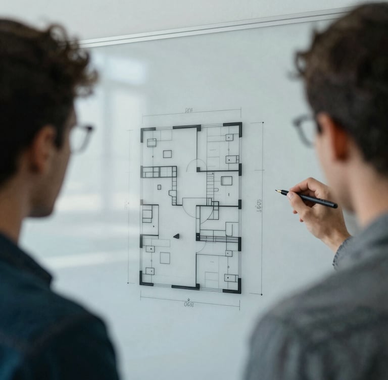 Close-up of software engineers collaborating over a physical whiteboard with architectural diagrams, cool-toned daylight