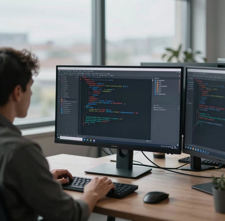 Cool editorial photography of a modern, structured workspace with a software engineer analyzing a clean IDE code interface on a high-resolution monitor, overcast daylight, muted slate tones, shallow depth of field.
