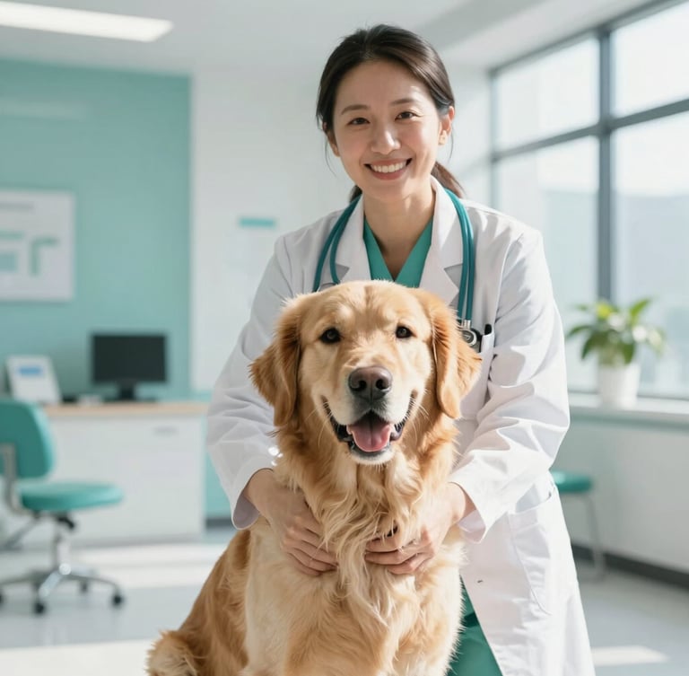 Warm clinical photography of a smiling veterinary doctor gently holding a healthy golden retriever in a bright, modern clinic lobby, soft natural daylight, teal accents, shallow depth of field, professional 35mm.