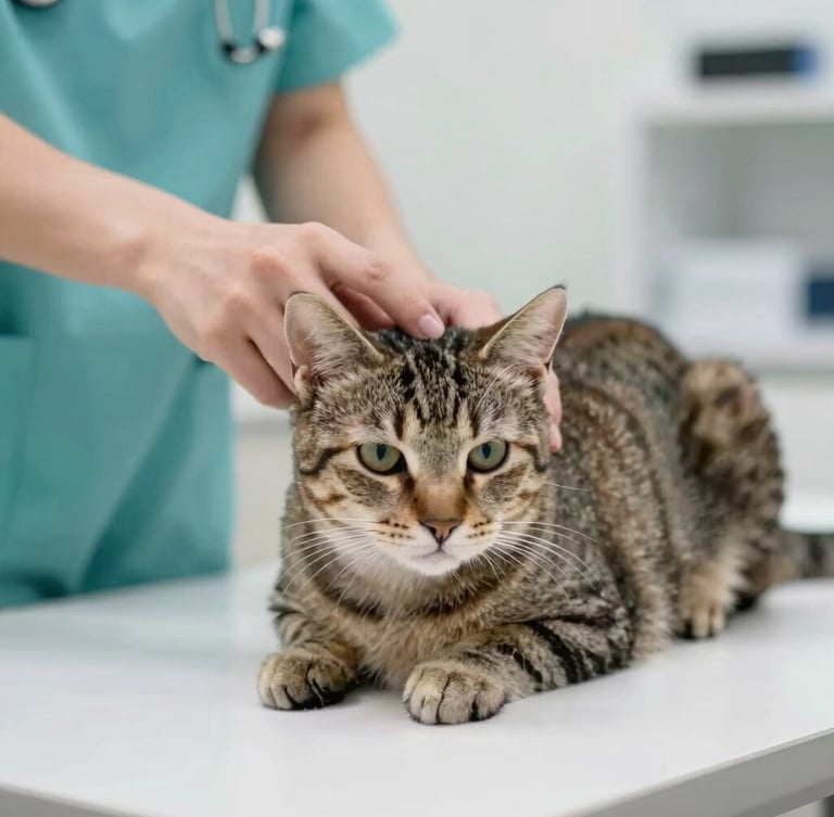 Close-up of a veterinary hand gently petting a calm tabby cat on a clean, modern examination table, soft light, professional 35mm.