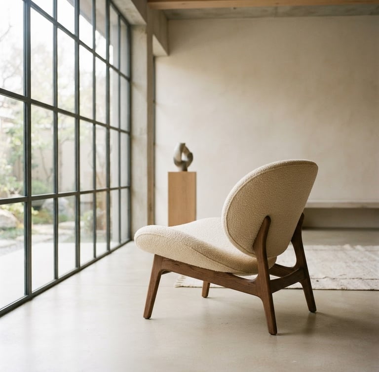 A minimalist architectural lounge chair in a warm cream gallery setting, soft natural side-lighting from a large window, medium format film