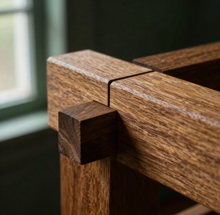 Extreme macro detail of interlocking mortise-and-tenon wood joint, dark forest green background, dramatic window side-light, rich warm oak tones, shallow depth of field, 35mm