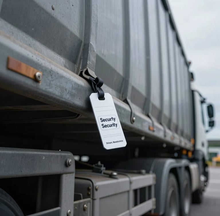 Close-up of a heavy transport truck trailer being sealed with a security tag, industrial metal textures, cool overcast daylight