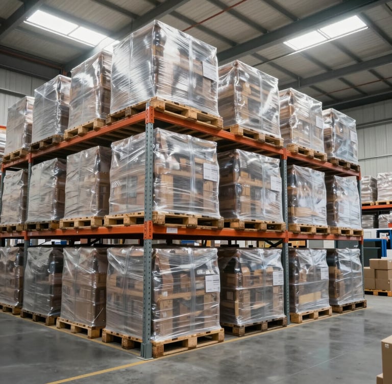 Wide environmental shot of a clean German logistics warehouse, sealed shrink-wrapped pallets stacked on high metal racks, cool natural daylight from skylights, professional composition.