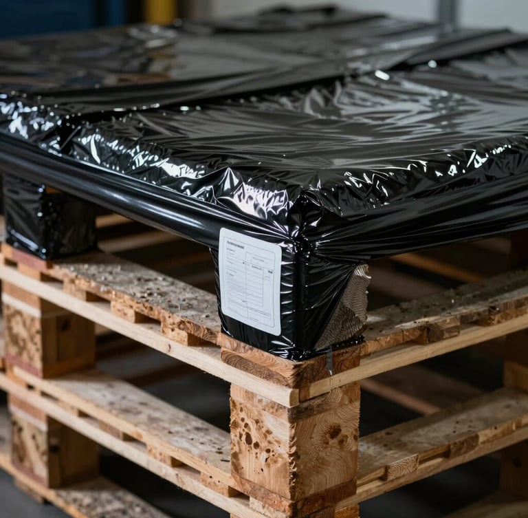 Close-up of a wooden shipping pallet wrapped in black protective stretch film, a white security seal sticker intact on the side, cool industrial lighting.