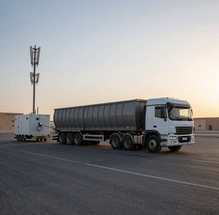 Wide-angle shot of a heavy freight transport truck parked next to a telecom fiber optic splicing trailer at dawn, industrial site in Riyadh, crisp lighting.