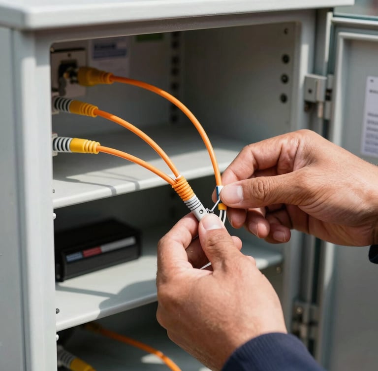 A close-up, high-contrast shot of a telecom technician's hands carefully splicing fiber optic cables inside an open street-side cabinet, bright daylight, sharp focus on the orange fiber strands.