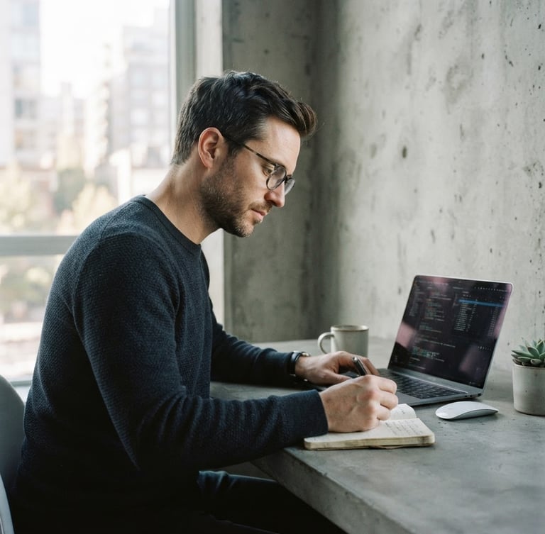 A natural, unposed portrait of a male technology analyst in a minimalist, sunlit concrete studio. Soft natural light, 35mm film aesthetic, desaturated cool tones.