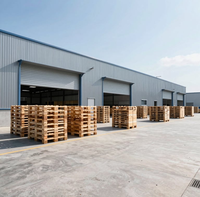 Wide-angle environmental shot of a modern distribution center with organized shipping pallets under bright daylight, cool steel tones, sharp industrial photography.