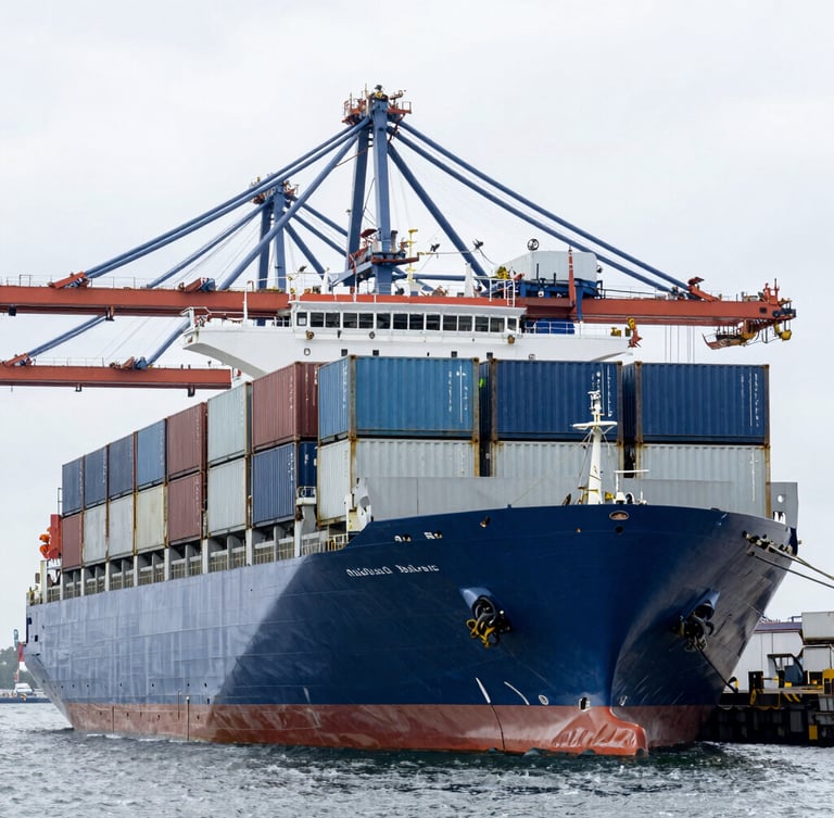 A modern cargo container ship docked at a high-scale Dutch port terminal, bright overcast daylight, cool blue and steel gray tones