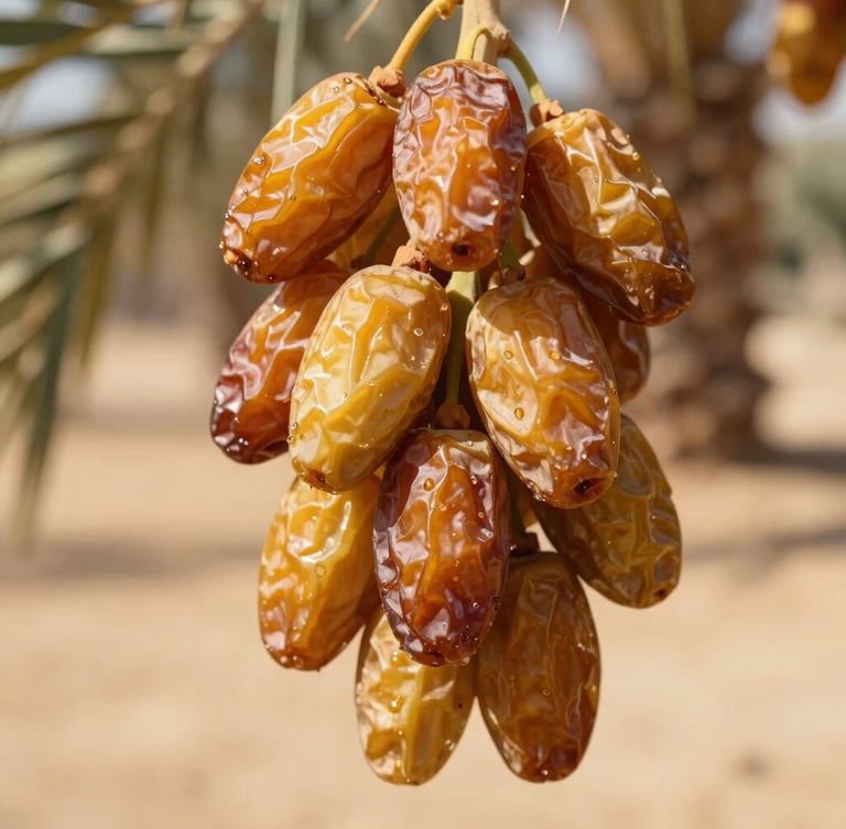 Close-up of golden amber dates hanging from a palm tree branch in Tozeur, harsh Saharan sunlight, 35mm