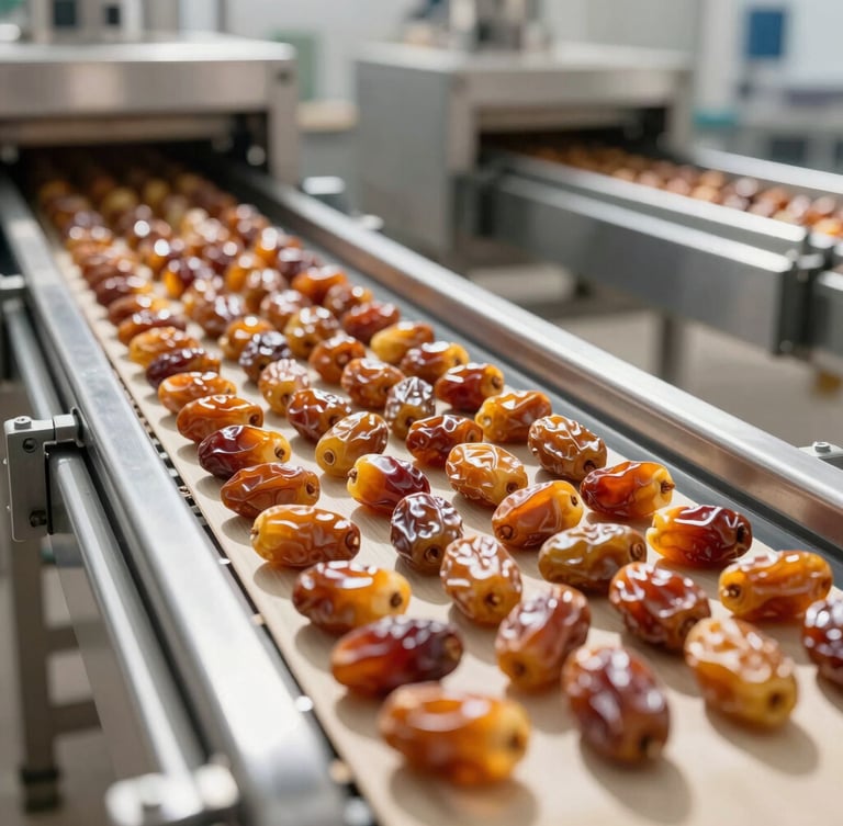 A clean, modern, stainless-steel date sorting facility in Tunisia, cool clinical lighting, structured rows of translucent amber Deglet Nour dates on a conveyor belt, professional food safety standards, 35mm.