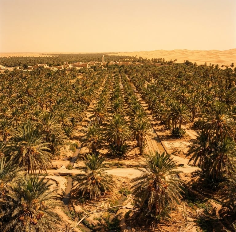 Wide panoramic shot of structured palm groves in Tozeur under harsh Saharan sunlight, deep amber and sand tones, 35mm