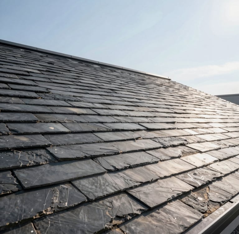 Wide architectural shot of a newly installed premium slate roof under bright crisp daylight, highlighting clean modern lines against a sharp sky.