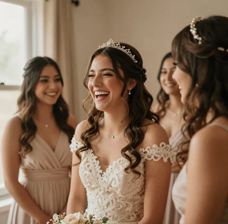 A candid portrait of a young quinceañera laughing with her friends during preparation, warm window light, organic ochre tones, editorial photography, shallow depth of field