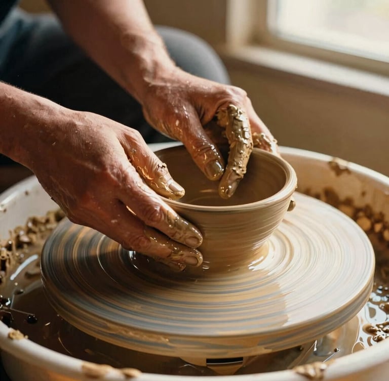 Close-up of potter's hands covered in wet clay shaping a stoneware bowl on a spinning wooden wheel, warm golden-hour side lighting, 35mm film