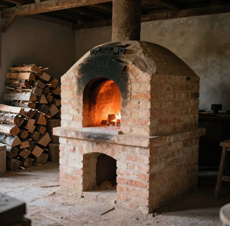 A wide, atmospheric shot of a large brick wood-fired kiln glowing orange inside, wood stacks piled beside it in a dusty, rustic studio shed.