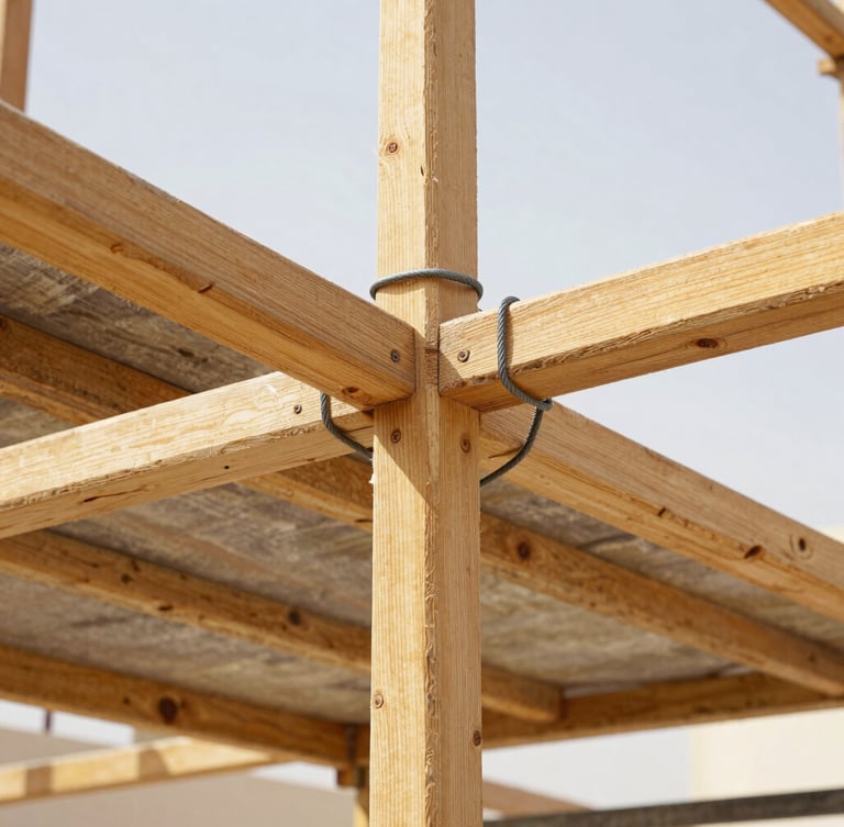 Close-up of sturdy wooden joints and heavy-duty steel wire bindings on a scaffolding structure, raw timber textures, bright harsh Kuwaiti daylight, sharp focus