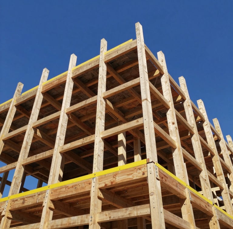 Low-angle shot looking up at a sturdy wooden scaffolding structure wrapping a building, heavy timber planks, safety yellow accents, bright blue sky, high-contrast sunlight