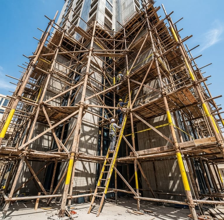 Low-angle shot looking up at a heavy-duty wooden scaffolding structure wrapping a modern building under bright harsh Kuwaiti sunlight, safety yellow accents, sharp geometric shadows, rugged construction photography.