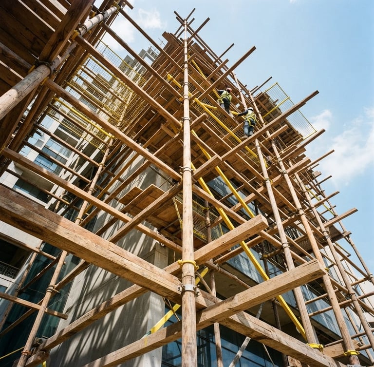 Low-angle shot looking up at a heavy-duty wooden scaffolding structure wrapping a modern building under bright harsh Kuwaiti sunlight, sharp geometric shadows, warm raw timber tones, safety yellow accents.