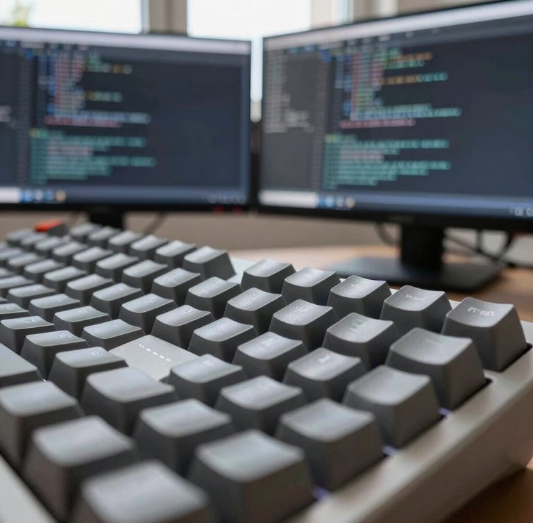 Macro close-up of a high-end mechanical keyboard and dual monitors displaying clean, highly structured code in a Parisian development office, cool natural daylight with subtle blue screen glow, desaturated slate tones, sharp focus, 35mm