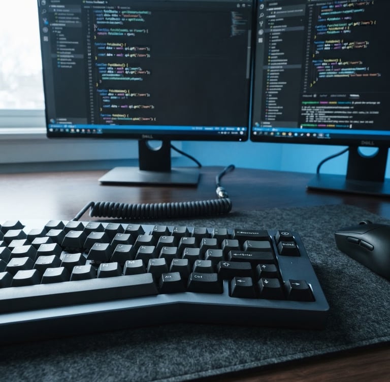 Macro close-up of a high-end mechanical keyboard and dual monitor setup displaying clean IDE code editor interfaces, cool-toned daylight with a subtle blue screen glow, sharp focus, 35mm