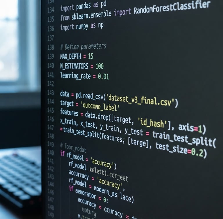 Macro close-up of a clean dark-themed IDE on a high-end monitor, lines of structured code visible, cool natural daylight with subtle blue screen glow, sharp focus, 35mm