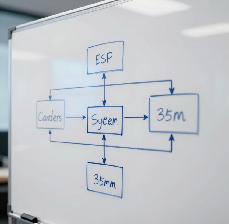 Close-up of a system architecture diagram sketched on a clean whiteboard, sharp lines, blue-spectrum lighting, professional tech studio environment