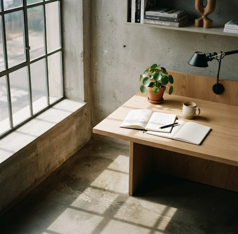 Architectural crop of a modern design studio space, soft window light casting long shadows on a concrete floor, minimalist wood desk with notebooks